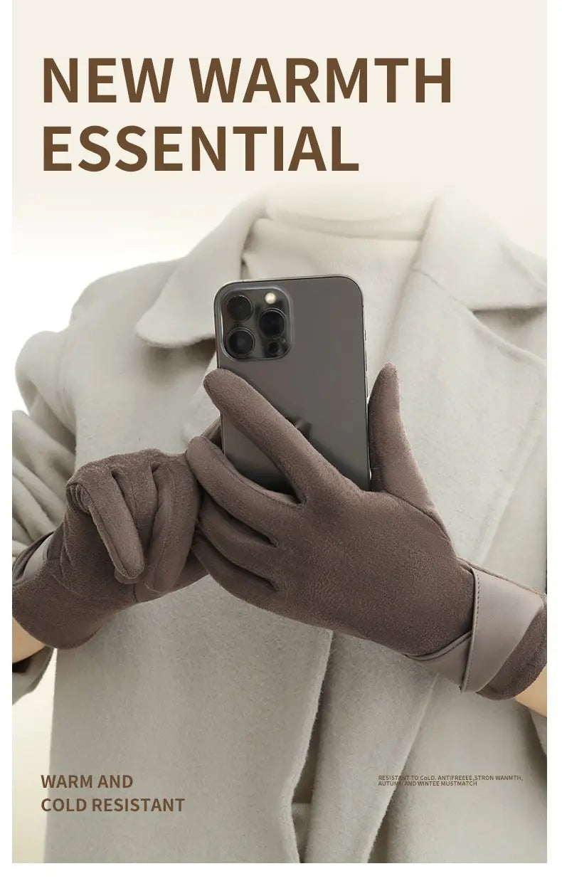 Dark brown plush-finish leather touchscreen fleece lined bow gloves shown from the back side designed for warmth and cold resistance.