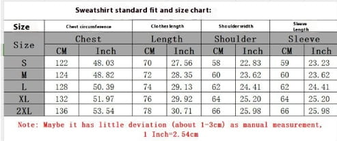 Tableau des tailles en centimètres pour les mensurations de la poitrine, de la longueur des épaules et des manches du sweat-shirt à coupe standard, pour les tailles S à 2XL, pour l’ensemble sweat-shirt à capuche et jogging oversize unisexe streetwear, ainsi que le pantalon de survêtement.