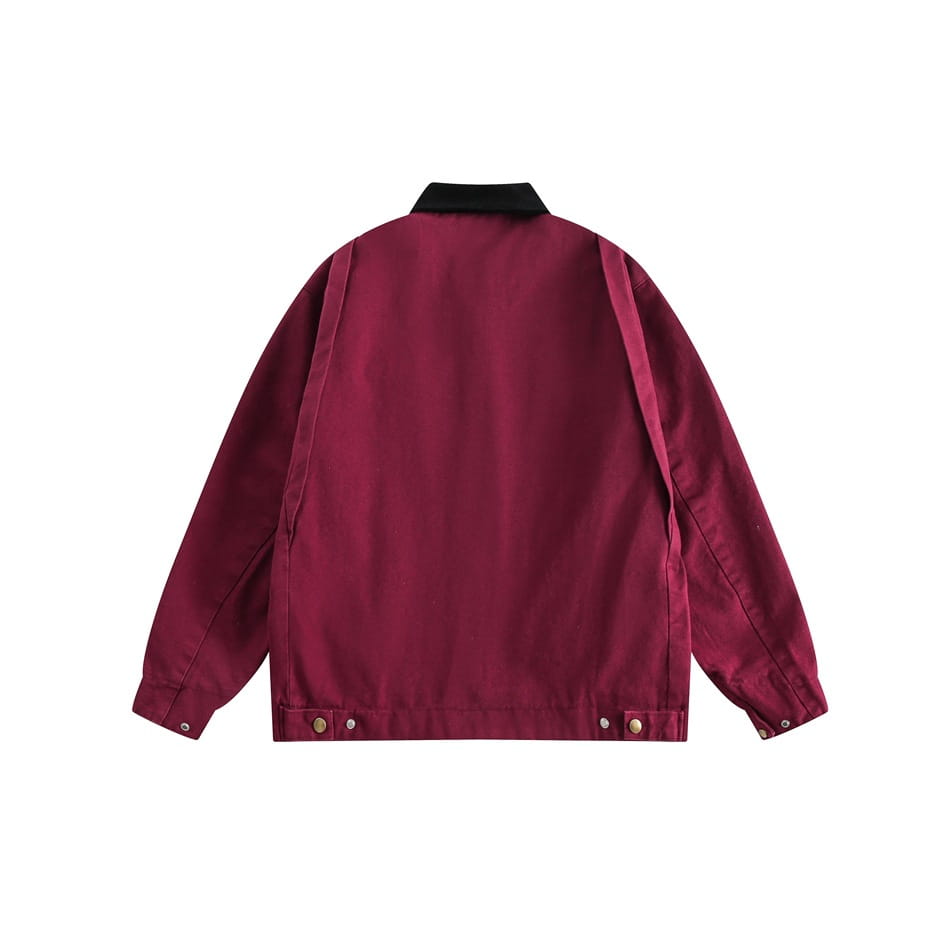 A maroon retro washed Detroit bomber jacket for men featuring a black collar and gold-tone buttons.