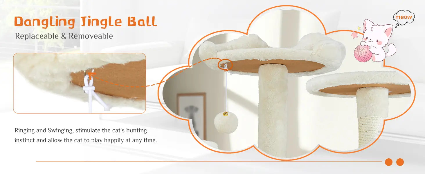 White plush textured jingle ball designed for cat play attached to a multi level cat tree with sisal scratching posts.