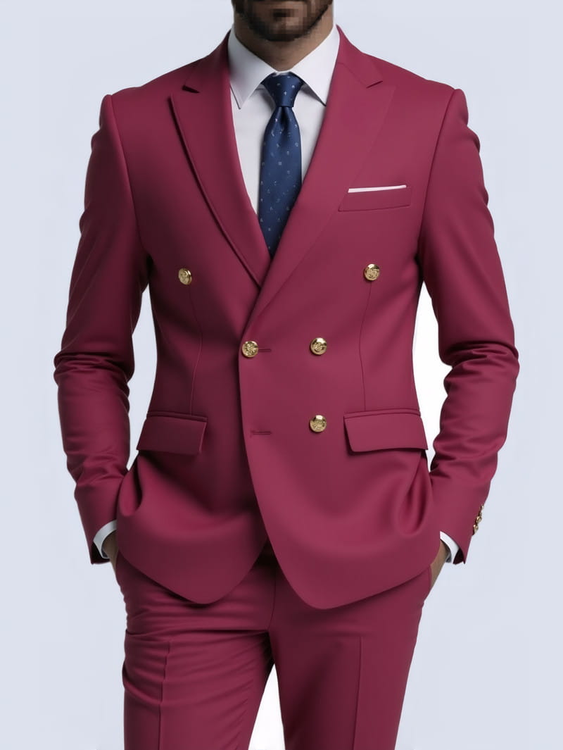 Costume bordeaux homme non repassable à double boutonnage, net et ajusté, avec boutons à tonalité dorée.