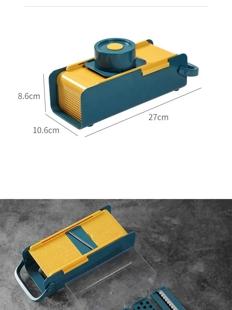 Trancheuse à légumes multi-fonction 5 en 1, turquoise et jaune, avec une poignée, un panneau latéral perforé et des lames interchangeables.