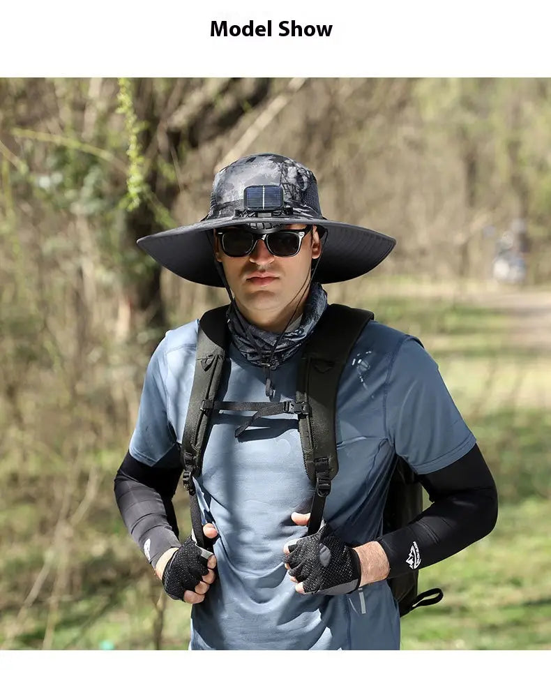 Black and gray camouflage bucket hat with a solar panel on the front designed as a solar fan bucket hat for outdoor sun protection.