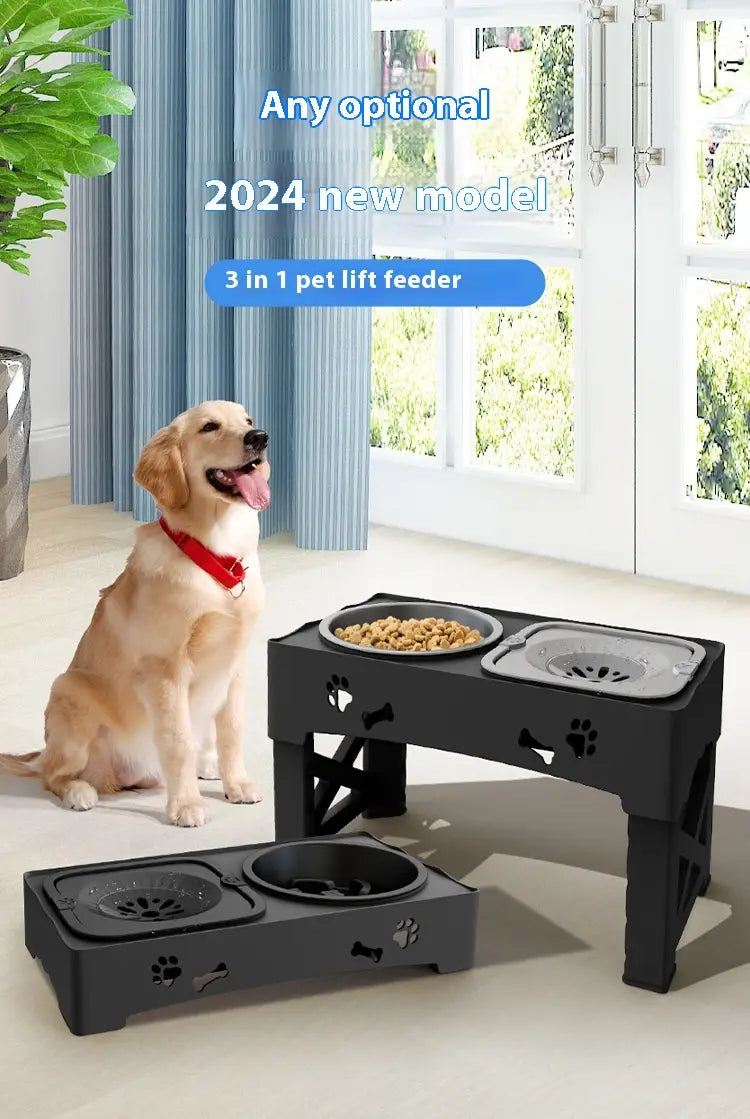 Bol d’alimentation pour animaux réglable double en acier inoxydable noir 3-en-1, avec découpes en forme de patte et d’os, conçu pour une alimentation rehaussée.