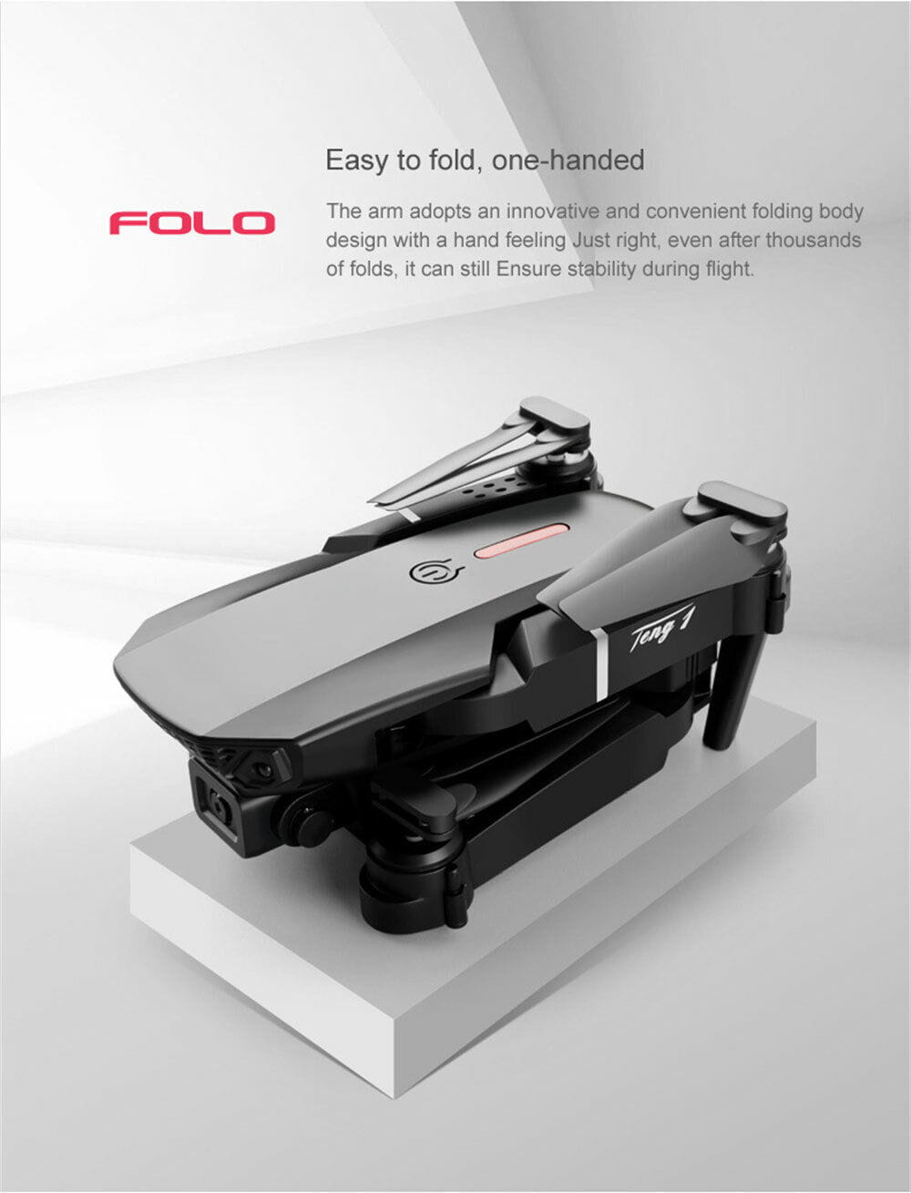 Black and gray folo teng 1 folding drone with sleek compact design featured in the e88 pro 4k dual camera foldable fpv quadcopter drone product image.