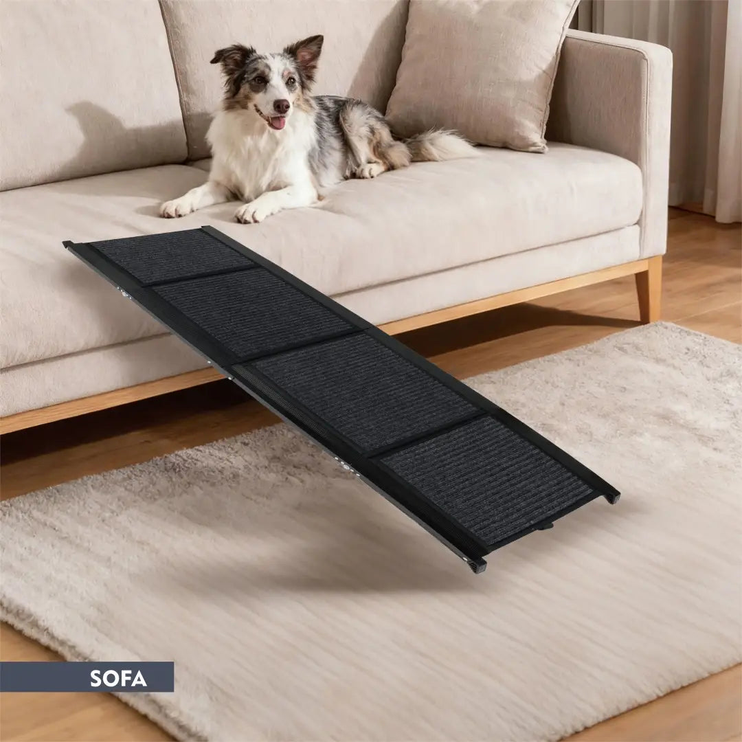 rampa negra para mascotas con textura y paneles segmentados y estructura resistente, mostrada desde el lado trasero, diseñada como rampa plegable portátil para coche de perro con capacidad de peso de 250 lb