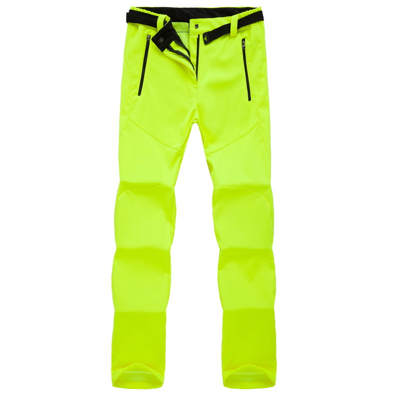 Bright neon green waterproof fleece ski pants for men and women featuring black zipper accents and a matching belt.
