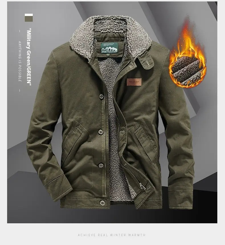 Mens fleece lined winter cotton jacket in military green with a shearling-lined textured warm interior and sturdy button closures.