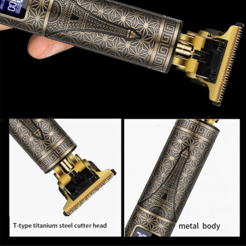 Professionelle kabellose Haarschneidemaschinen für den Bart in Gold, mit einem silber- und goldfarbenen ornamentalen Gehäuse mit kunstvollen geometrischen Mustern sowie einem Schneidkopf aus T-Typ-Titanstahl.