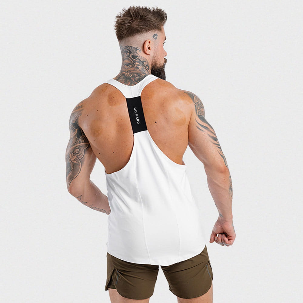 white men’s go hard racerback athletic tank top showing the back with a black branded panel designed for active wear.