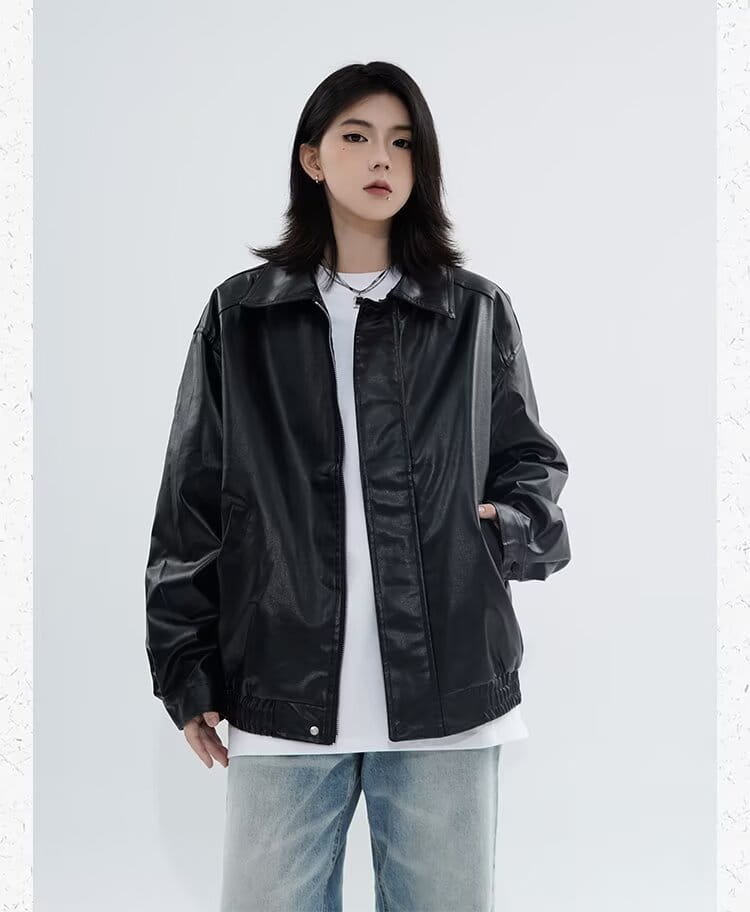 Men’s black faux leather bomber jacket with a matte finish and subtle stitching details in a relaxed fit outerwear design.