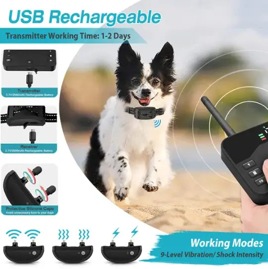 Système de clôture sans fil pour chien et collier de dressage 2 en 1 noir rechargeable par USB avec réglages d’intensité de vibration et de choc sur 9 niveaux.