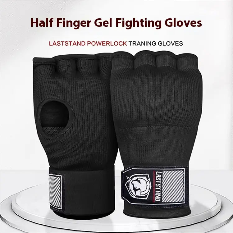 Black gel boxing hand wrap gloves with half finger design, textured knit fabric, and reinforced wrist straps featuring the laststand logo shown from the back side.