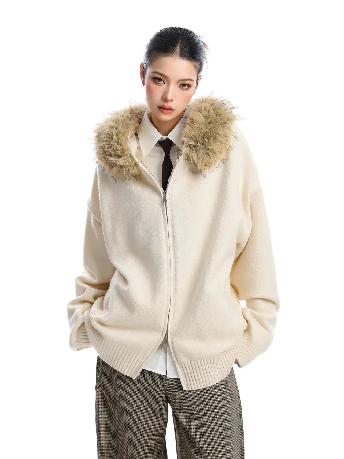 Cream-colored fur collar hooded knit coat with a plush light brown fur-lined hood and a zip-up front.