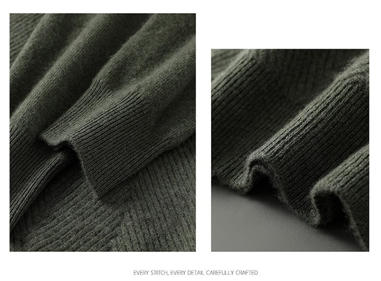 Men’s herringbone knit cashmere pullover sweater in soft olive green with a ribbed texture and neatly finished cuffs.