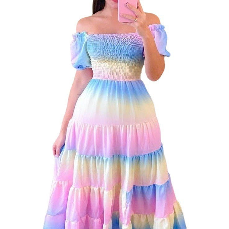 a flowing off-the-shoulder maxi dress with a vibrant rainbow gradient pattern and tiered ruffles combining floral print smocked tiered midi dress design with a square neckline