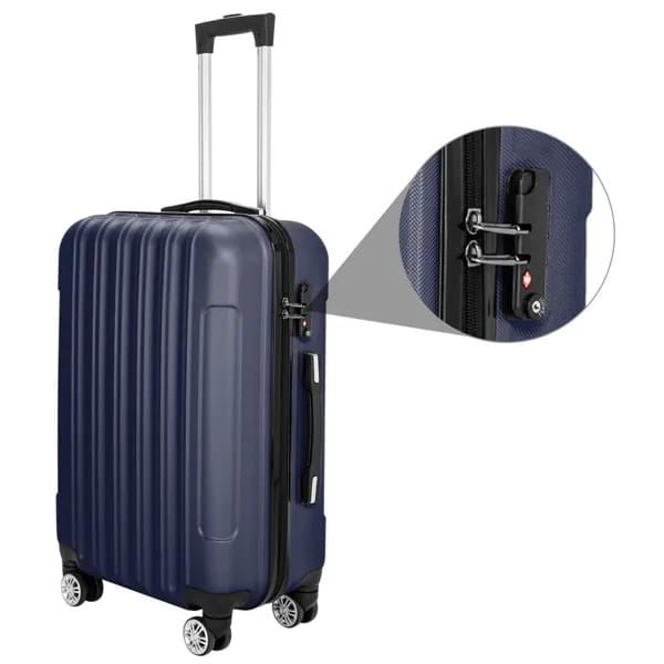 Navy blue hard shell suitcase with vertical ridges and telescoping handle from a 3-piece hard shell spinner luggage set.