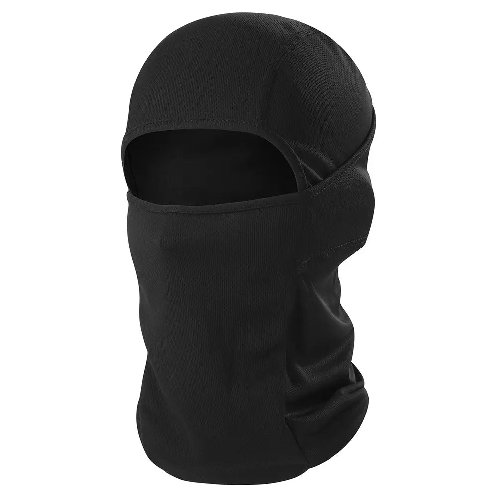 Black breathable motorcycle balaclava made of smooth stretchy fabric with eye cutouts for sun protection.