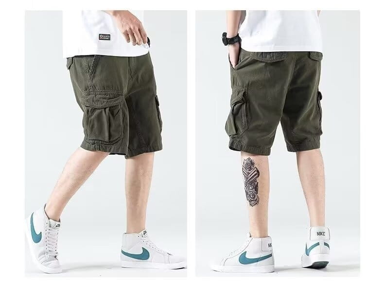 Men’s relaxed fit olive green cargo shorts featuring multiple pockets and a comfortable design suitable for casual wear.