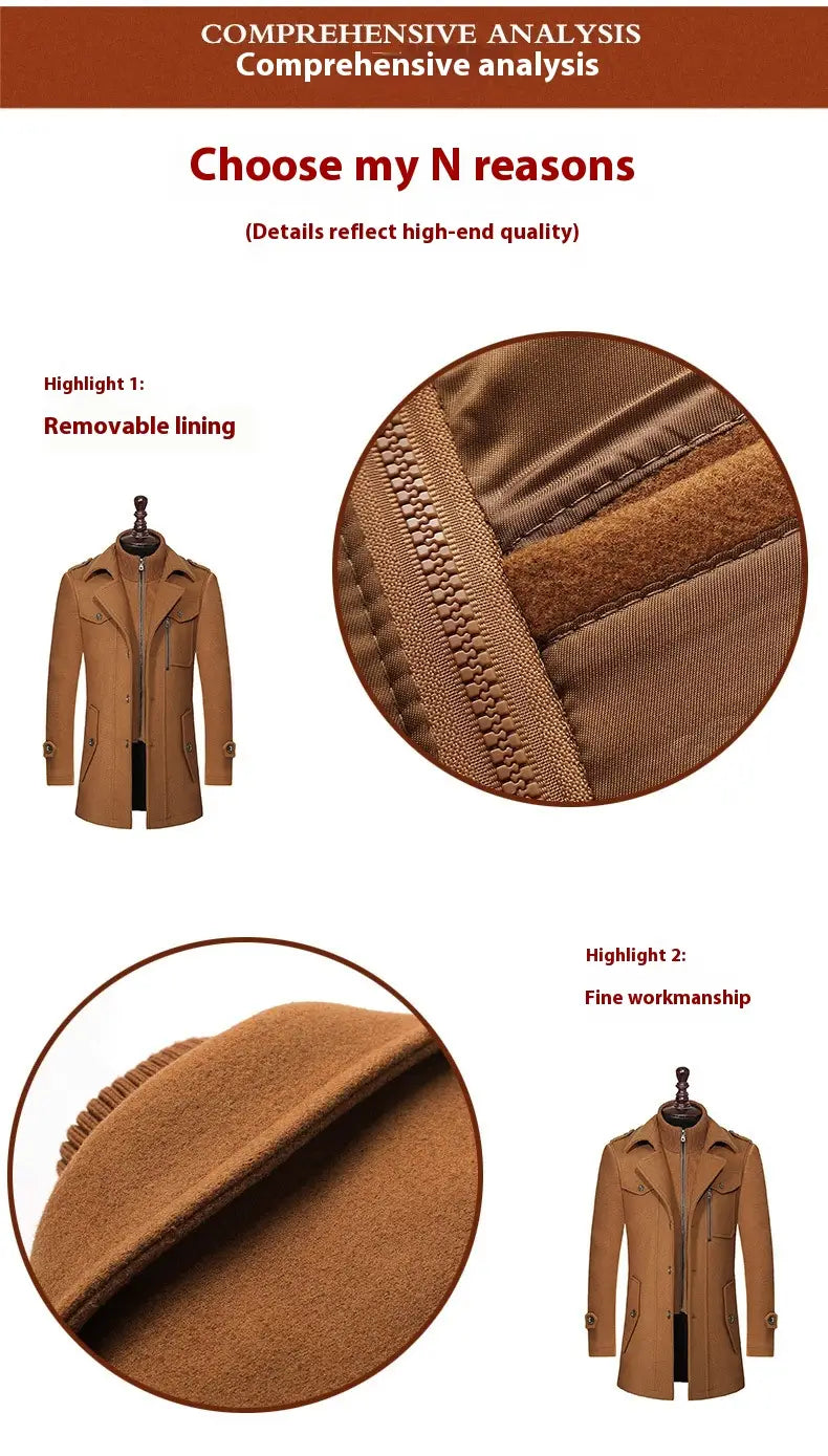 Brown woolen trench coat with removable lining and fine craftsmanship designed as a men woolen coat zipper trench jacket.