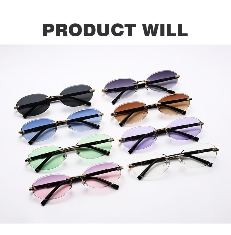 A collection of frameless oval UV400 fashion sunglasses with thin gold-toned metal accents and gradient-tinted lenses in black blue green pink purple brown and clear.