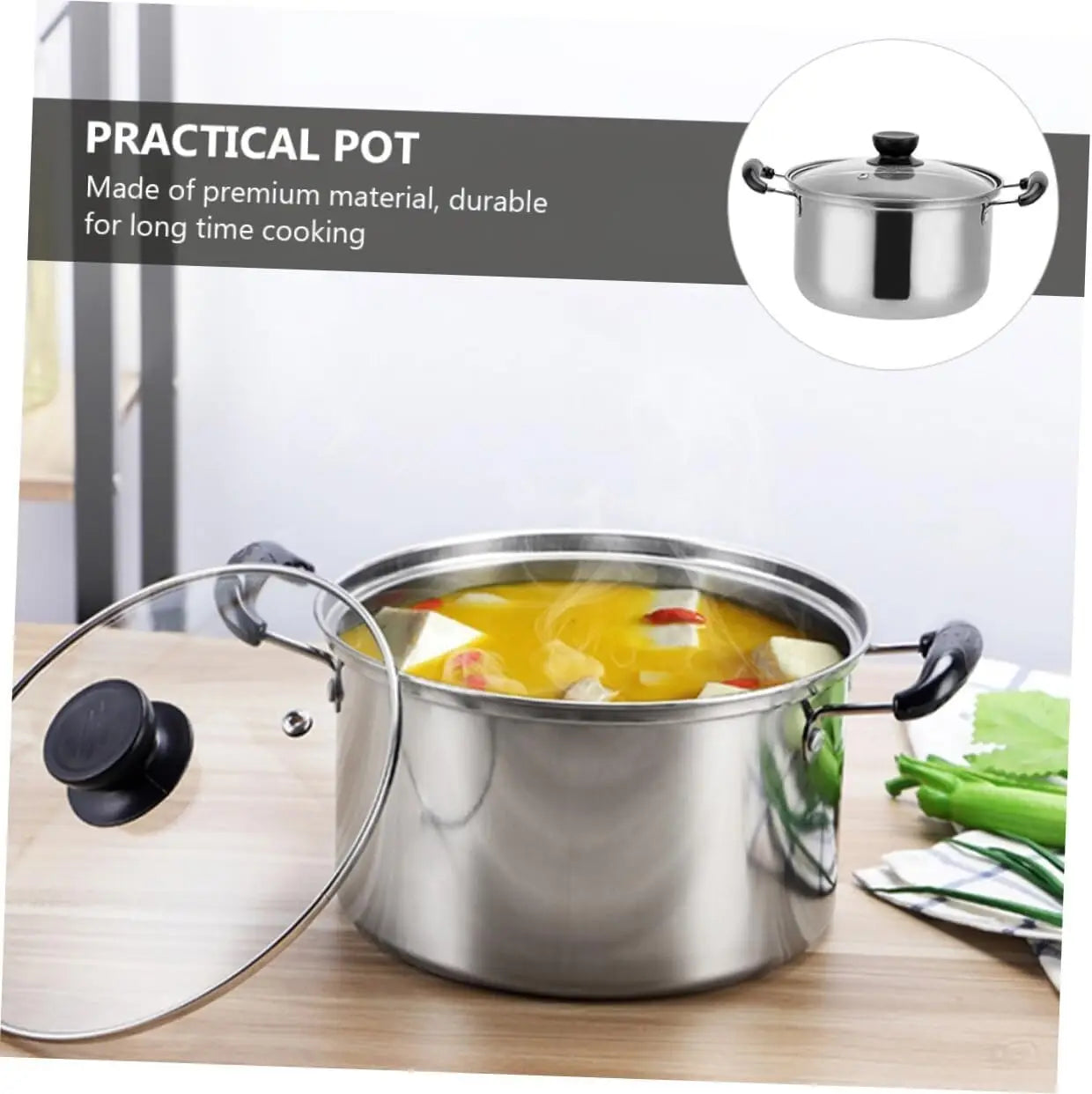 Stainless steel induction cookware set five pieces featuring a stainless steel pot with black handles and a glass lid with a black knob cooking vibrant yellow broth.