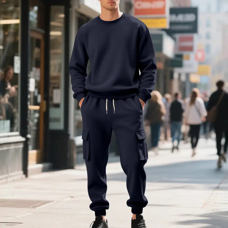 Navy blue men fleece cargo sweatshirt with ribbed cuffs and waistband featuring a crew neck and relaxed fit.