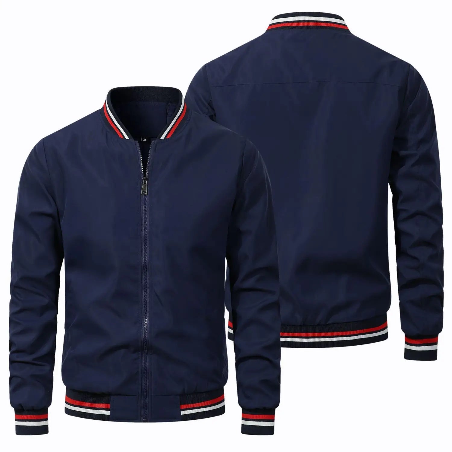Chaqueta bomber de hombre en azul marino con ribete a rayas rojo, blanco y negro en el cuello, los puños y la pretina, diseñada para ropa exterior informal.