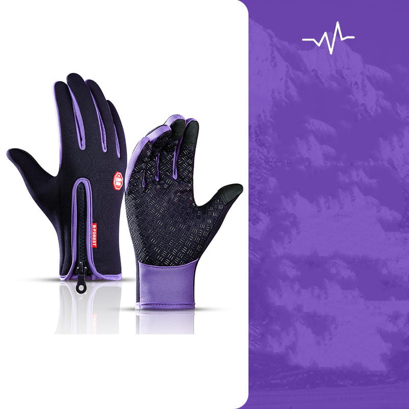 Purple and black windproof touchscreen winter gloves with textured grip on the palm for men and women