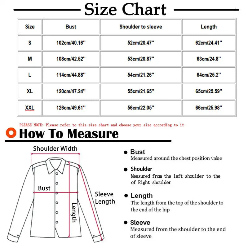 Size chart for the asymmetric button blouse long-sleeved shirt showing measurements in centimeters and inches across sizes s to xxl.