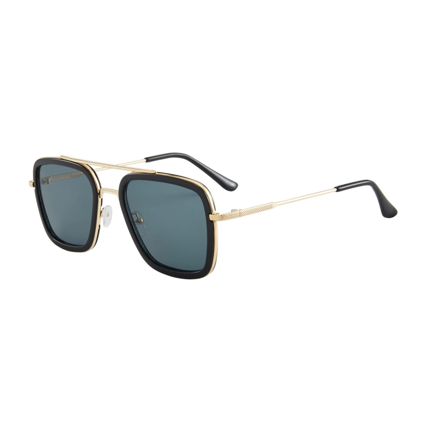 Retro square double bridge unisex fashion sunglasses featuring gold-toned aviator frames with black accents and dark gray lenses.