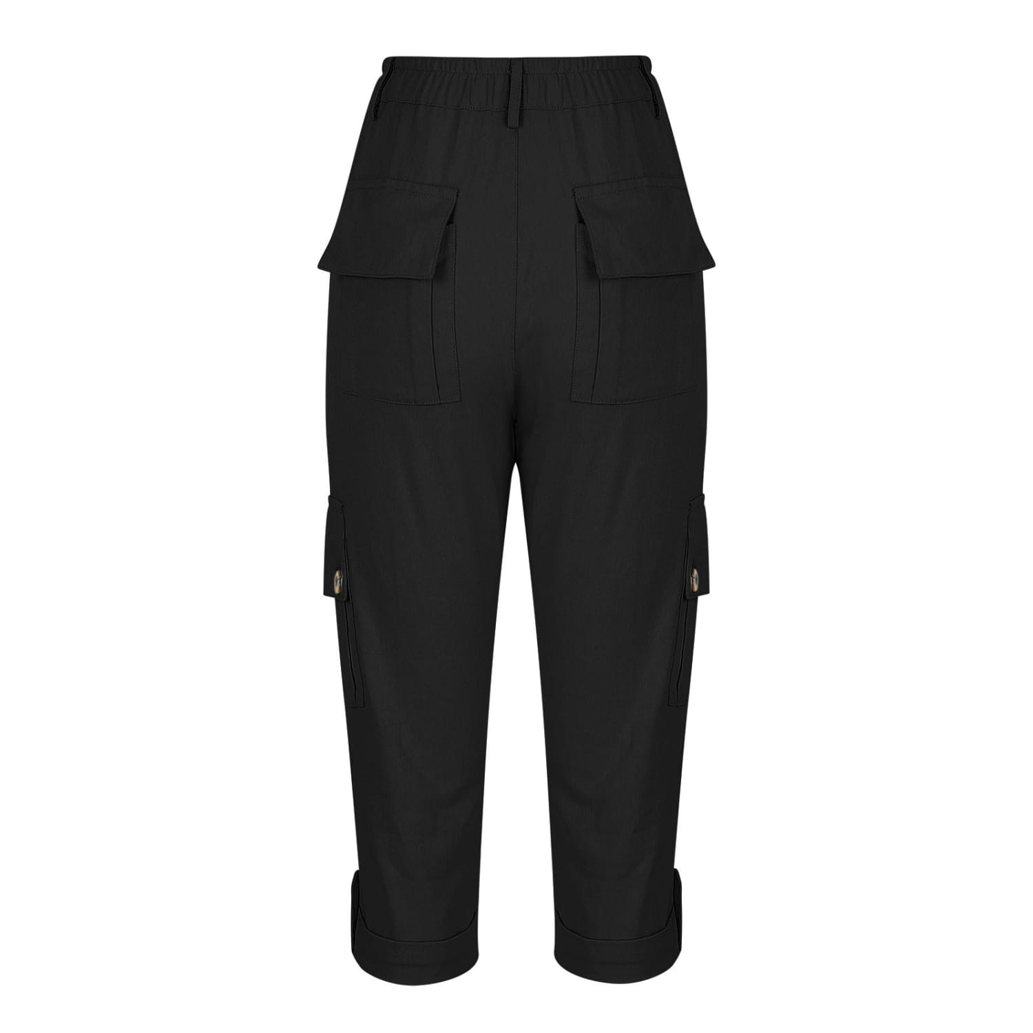 Pantalon capri cargo noir pour femmes avec multiples poches et taille à cordon de serrage, conçu pour un usage décontracté