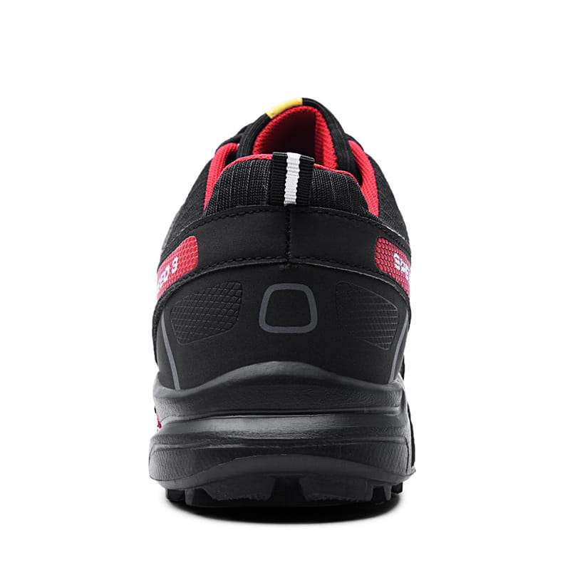 Men’s trail running shoes in black and red featuring breathable mesh upper, rubber sole, and white stripe detail.
