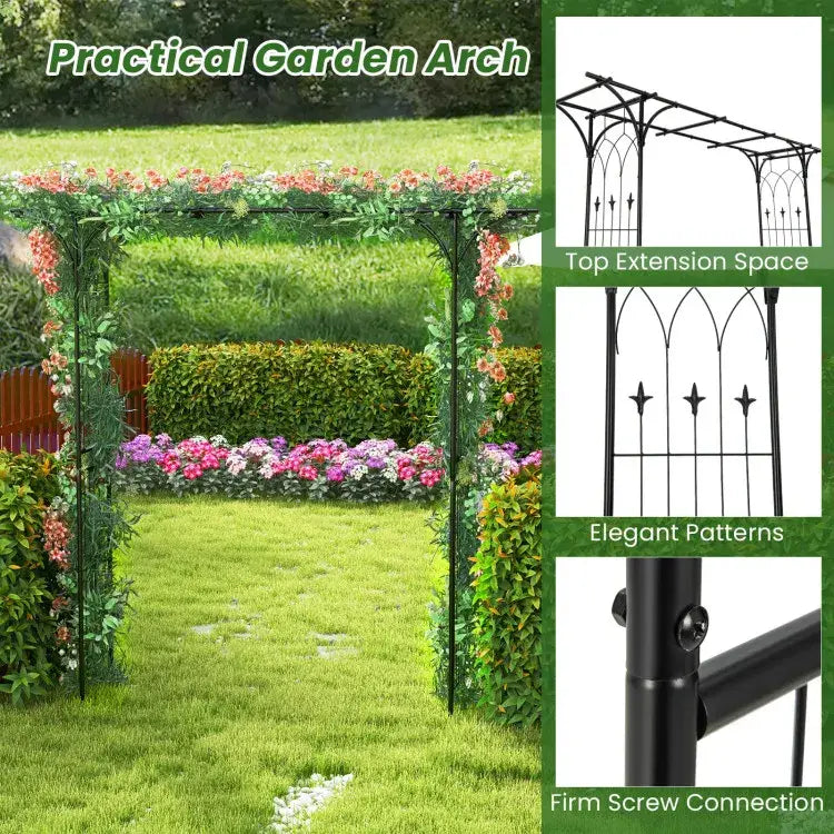 black metal garden arbor archway with elegant gothic-style patterns and top extension space for climbing plants 81in tall