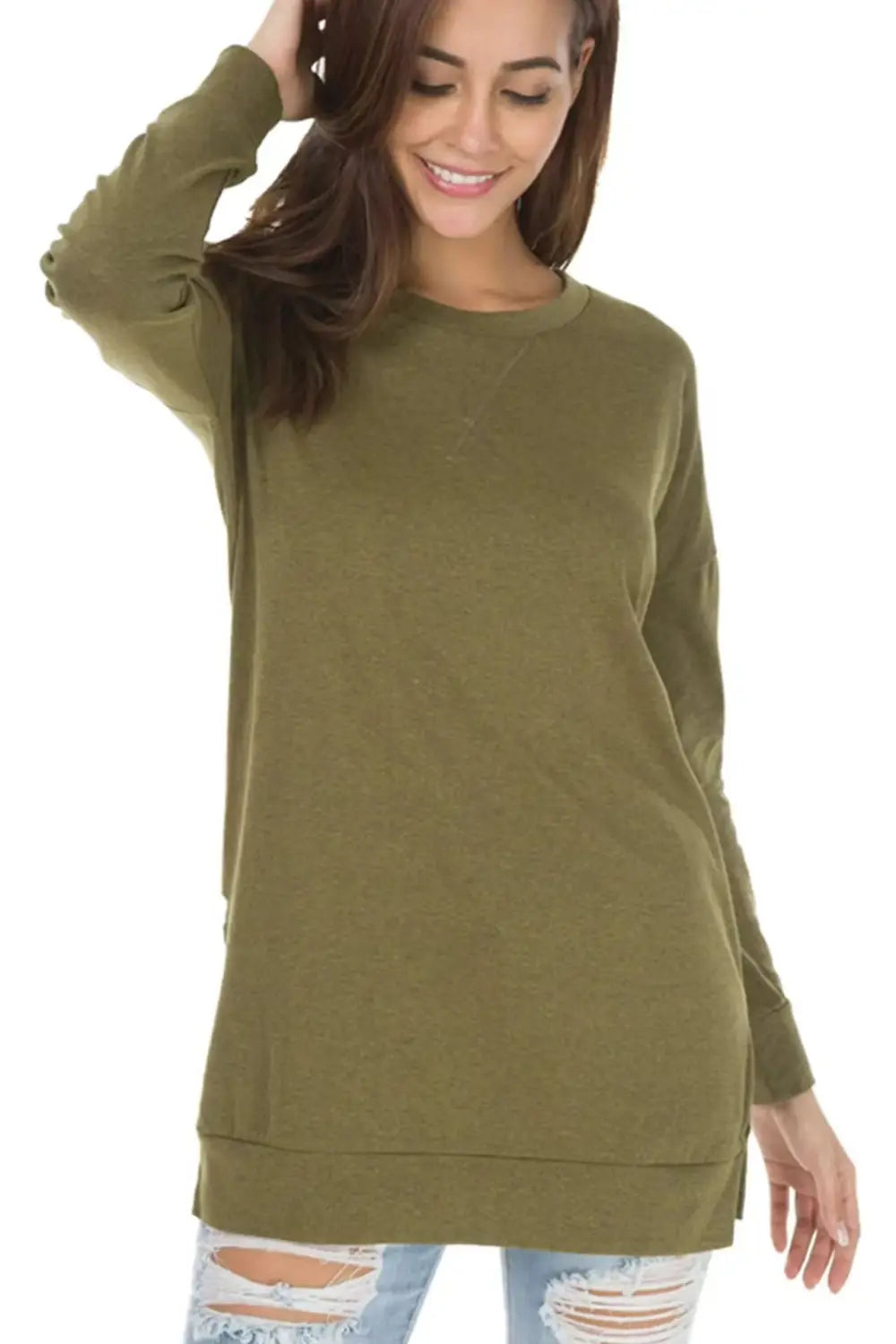 olive green long-sleeved casual women’s sweater with a split front detail made from relaxed knit fabric.