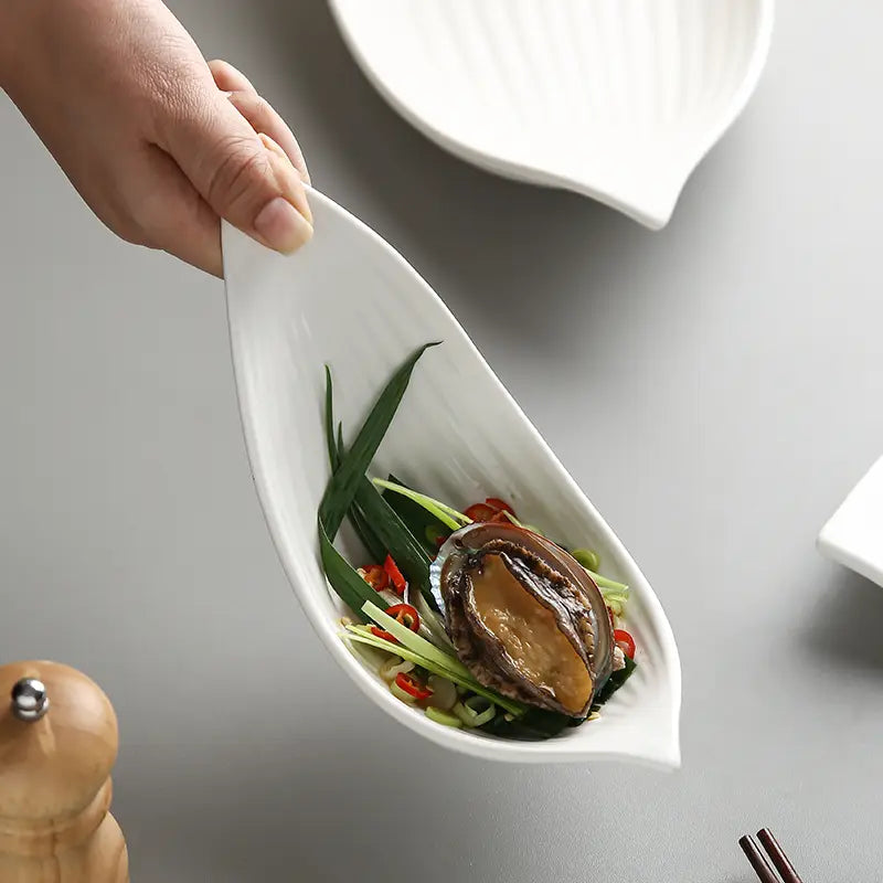 White Leaf Ceramic Plate Irregular Serving Dish