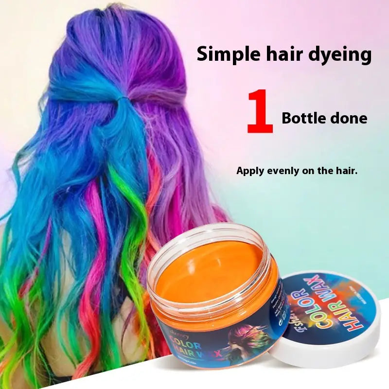 Lebhaftes orangefarbenes Haarfarb-Wachs-Styling in einem klaren Glas mit weißem Deckel, beschriftet mit „Haarfarb-Wachs“ für starken Halt und einfachem Färben zu Hause.