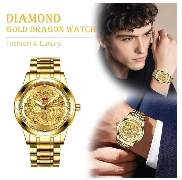 Men’s luxury 18k gold dragon diamond quartz watch featuring a gold-toned stainless steel bracelet with a golden diamond-encrusted dragon design.