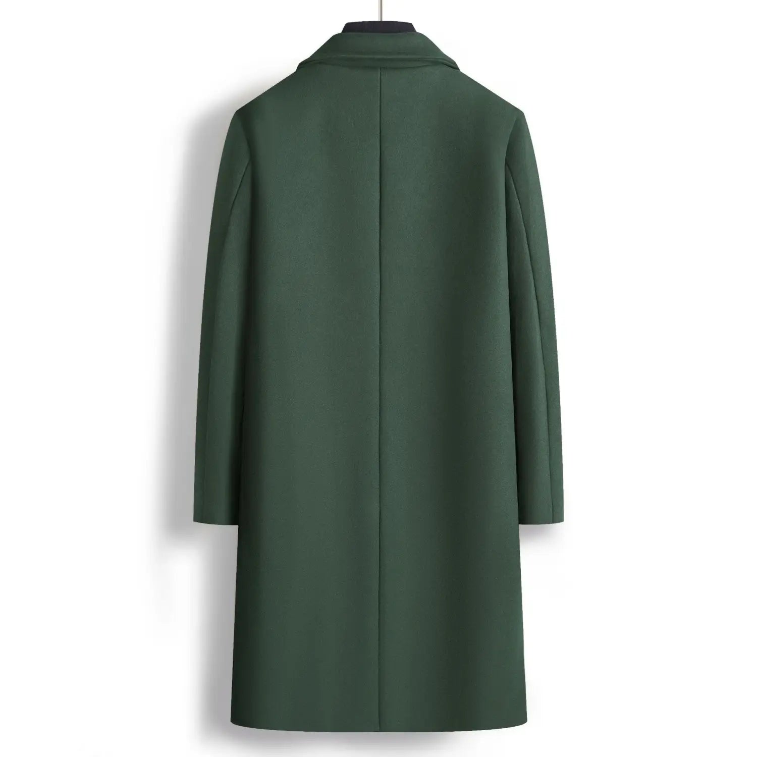A sleek dark green men double breasted wool overcoat with a classic collar and straight-cut silhouette mid length coat.