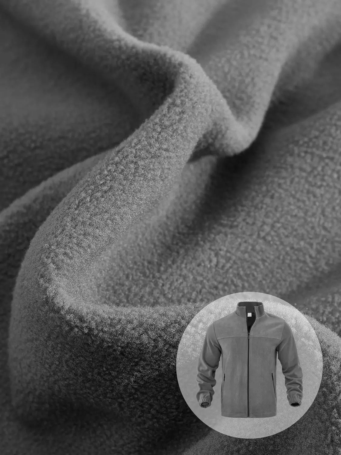 Chaqueta polar gris para hombre de cierre completo con cuello alto y puños acanalados fabricados con material de forro polar suave.