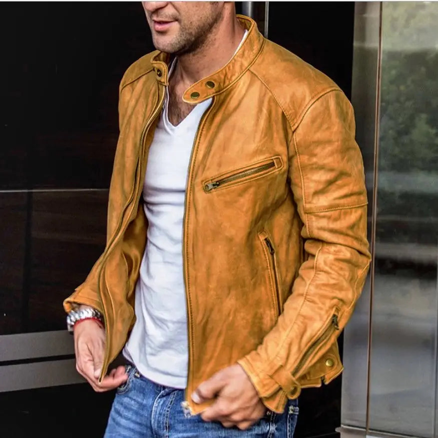 Men pu leather punk motorcycle jacket in tan with classic design and zipped pockets.