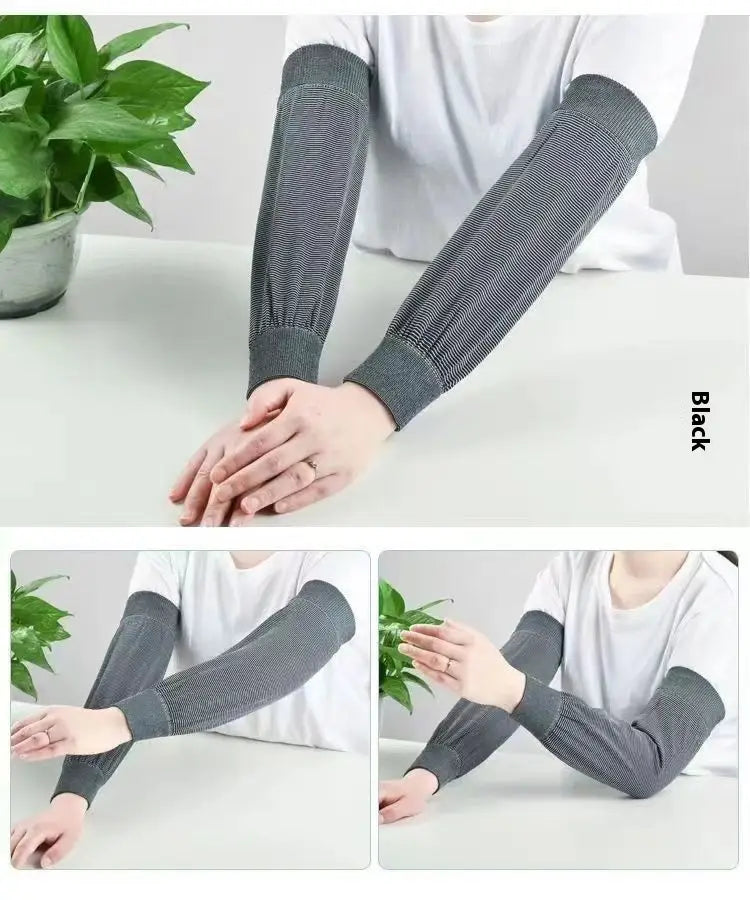 Black knitted sun protection cooling arm sleeves with breathable elastic and subtle striped texture.