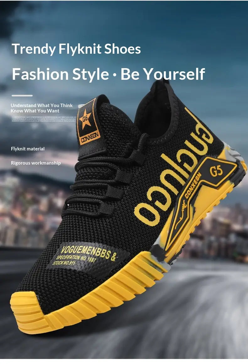 Black and yellow Converse G5 Flyknit casual sneakers with bold lettering and a lightweight textured knit upper designed for everyday wear.