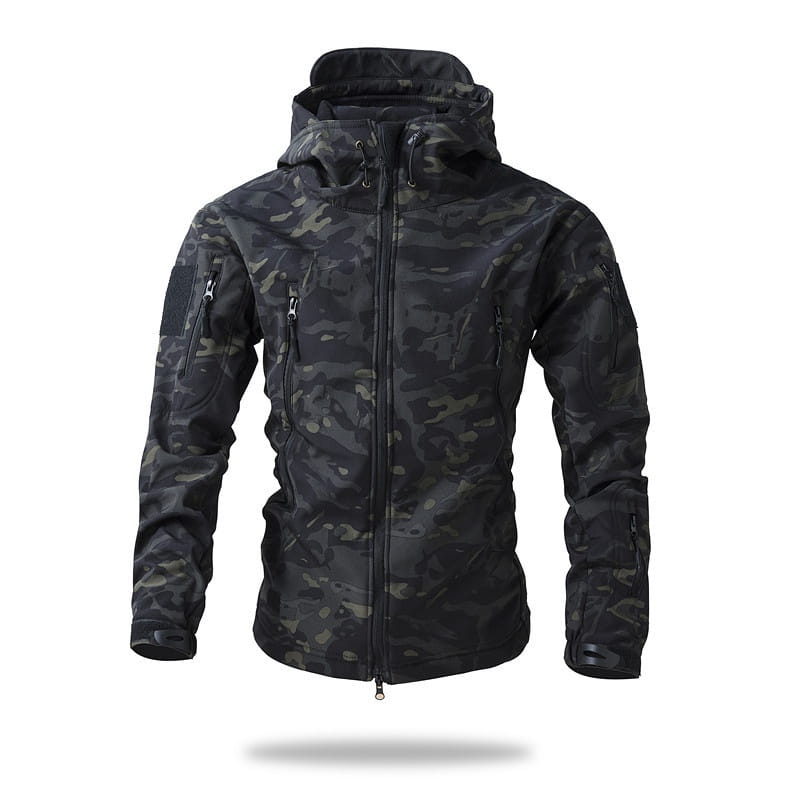 Men’s waterproof tactical fleece soft shell jacket in black and gray camouflage with a hood, zippered pockets, and reinforced fabric.