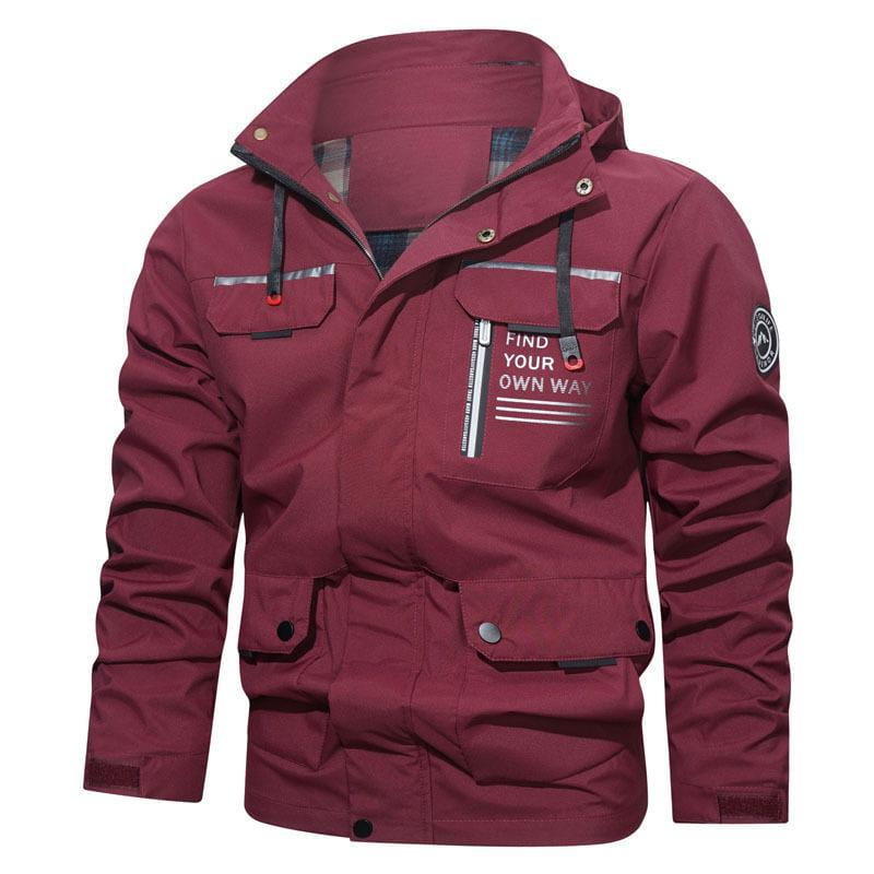 Mens outdoor fleece hooded jacket casual shell coat in maroon featuring reflective stripes and a find your own way patch on the chest.