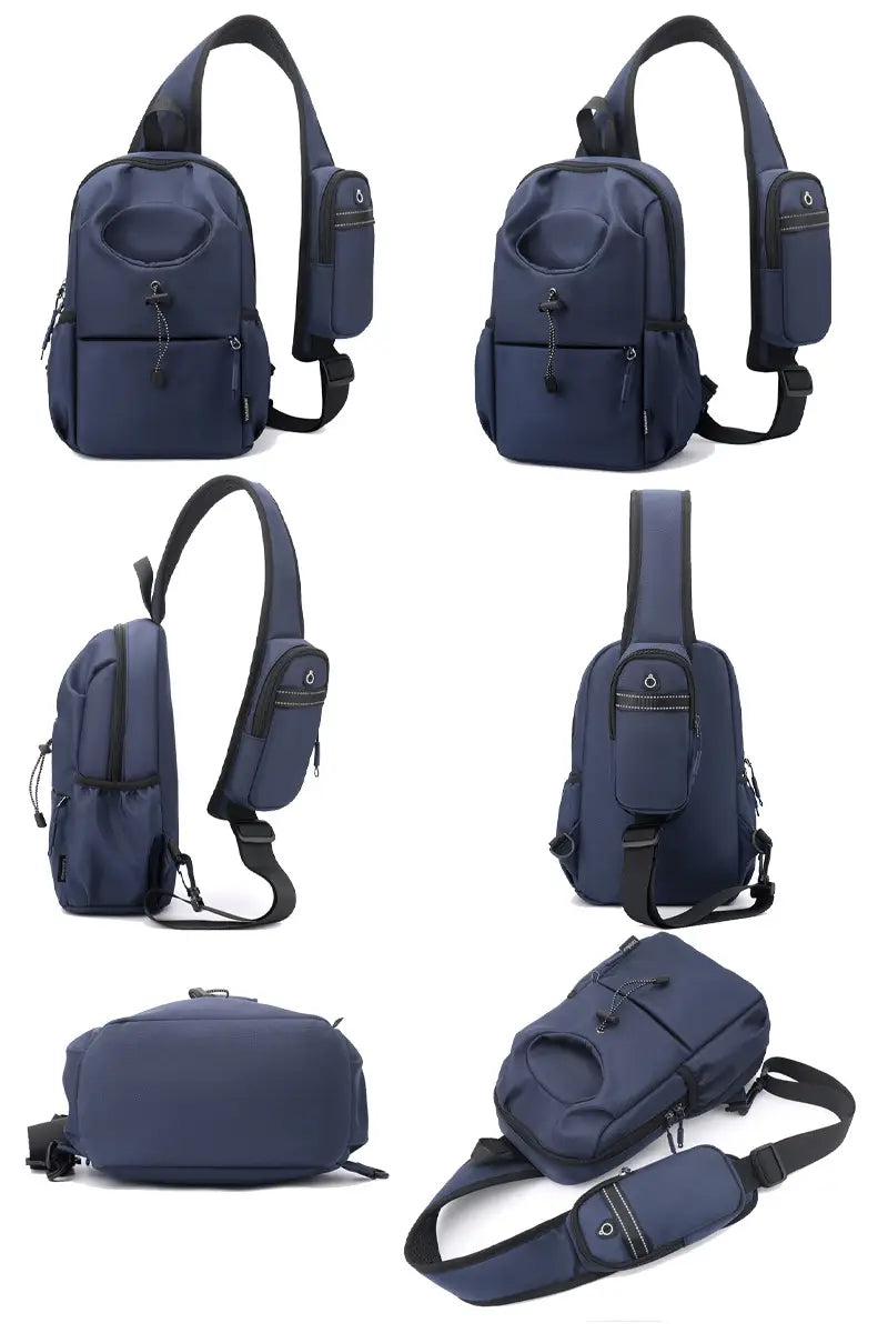 Dunkelblaue wasserdichte Herren-Oxford-Gewebe-Minimalist-Crossbody-Brusttasche mit schwarzen Reißverschlüssen und verstellbarem Schulterriemen.