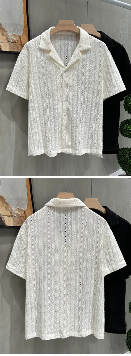 Men Cuban collar short sleeve shirt in white featuring a textured openwork knit pattern and button-up front.