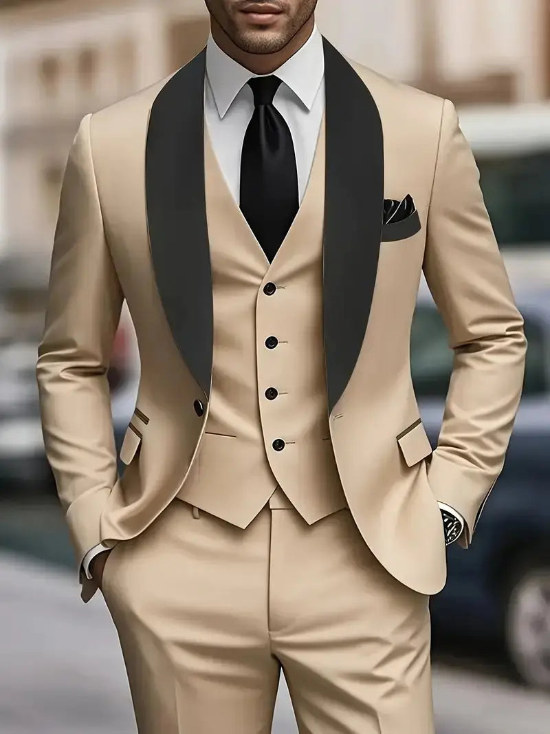 Smoking trois pièces à coupe ajustée beige, avec revers en satin noir et gilet assorti.