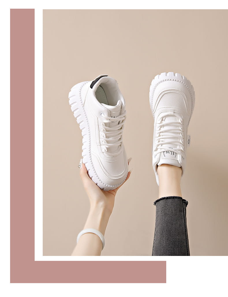 Cream-colored women’s chunky platform breathable high top sneakers with ridged sole and beige suede accents.