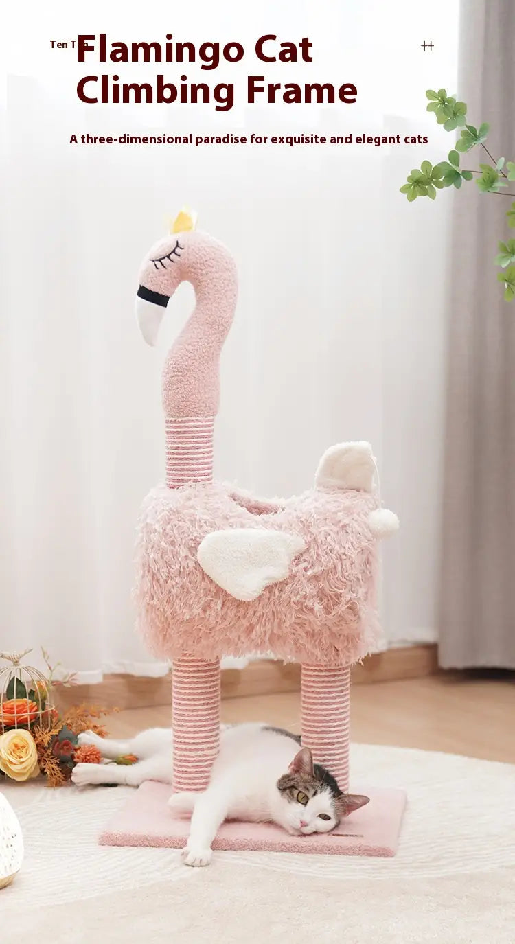 estructura para gato con forma de flamenco rosa, catre trepador con textura esponjosa y patas a rayas, que incluye poste rascador de sisal rosa y nido para gatos